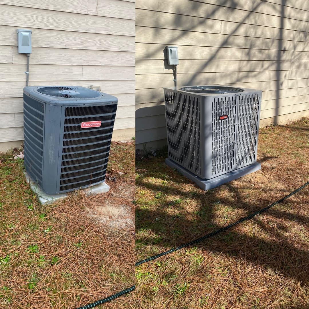Goodman air conditioner units outside a home, showcasing two different styles.