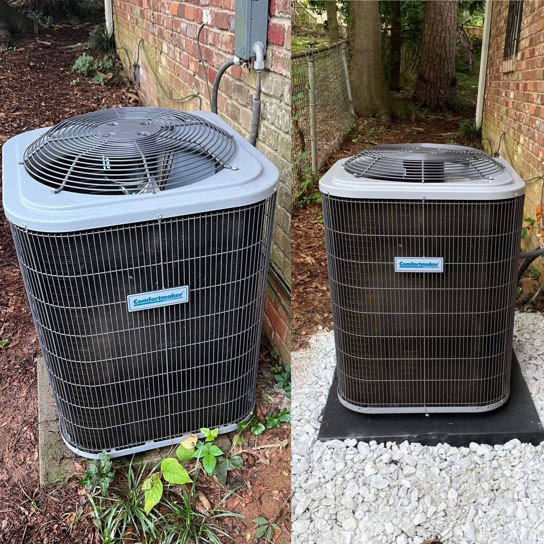 Before and after comparison of an old, rusty air conditioner and a new, modern unit outdoors.