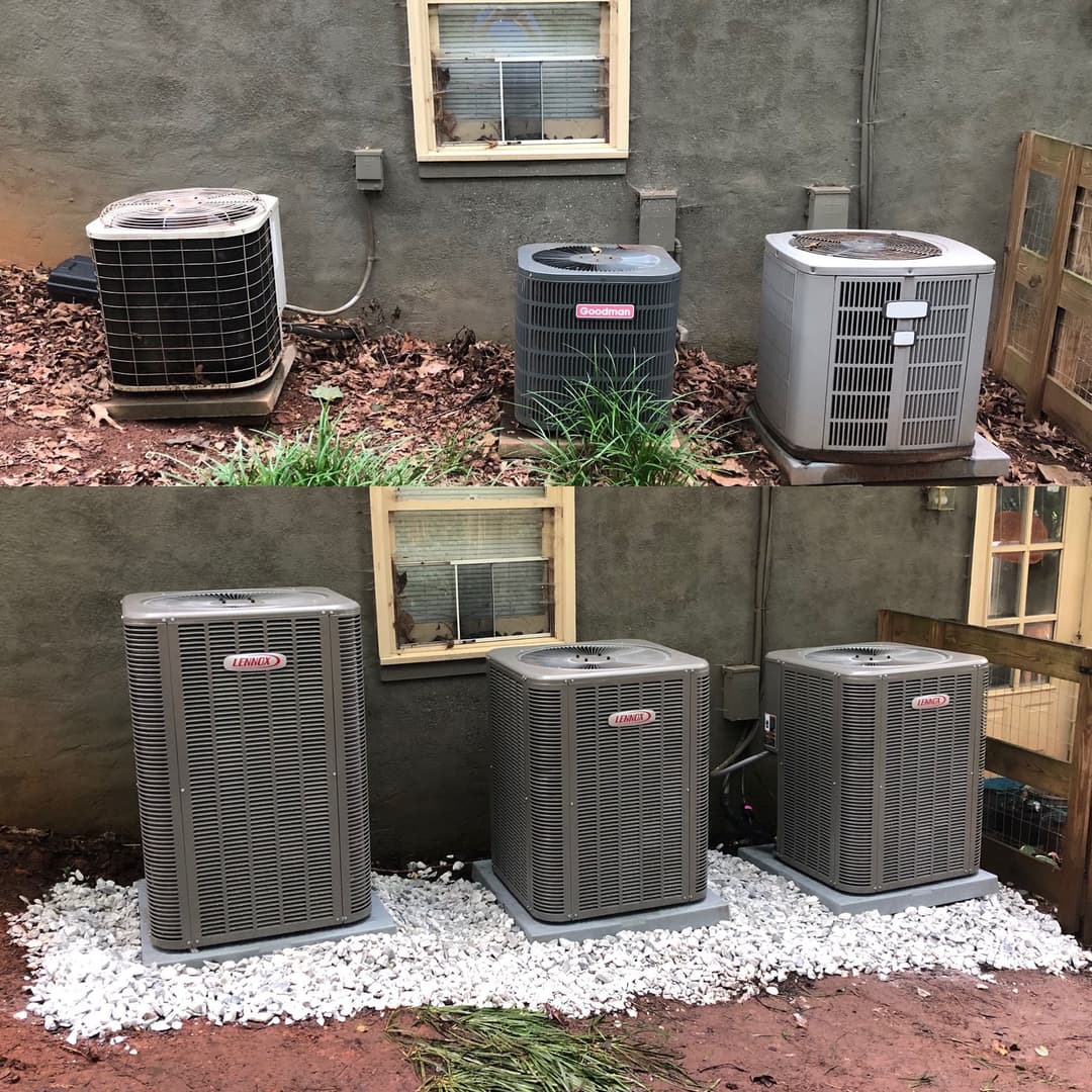 Before and after air conditioning unit installation with gravel base and improved landscaping.