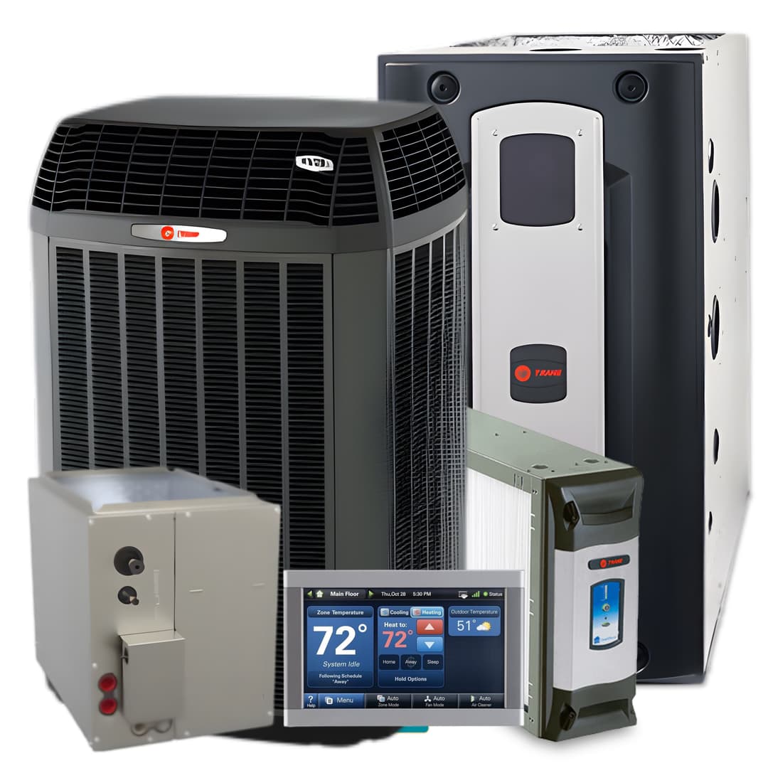 Trane HVAC system components including air conditioner, thermostat, and air filter.
