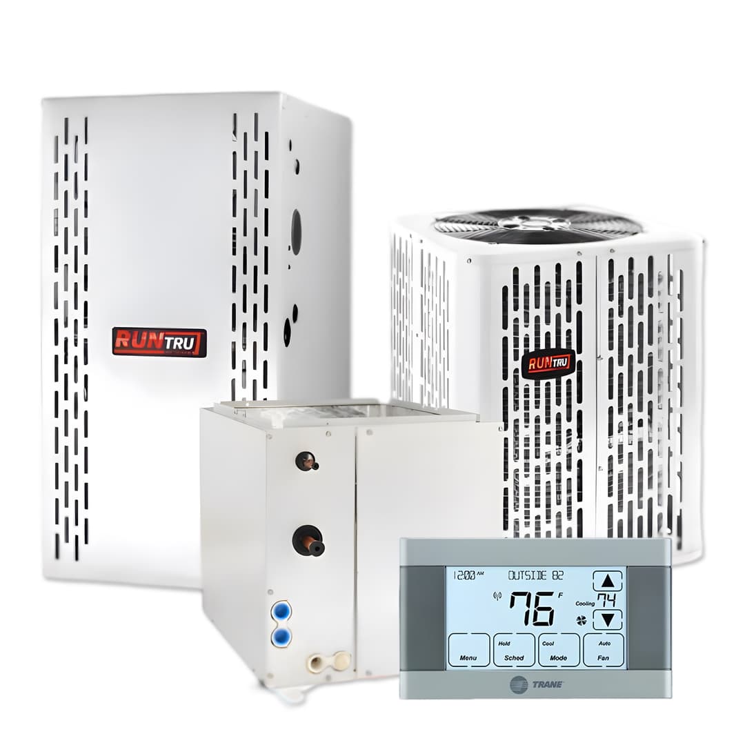 RunTru HVAC system with outdoor unit, indoor unit, and digital thermostat display.