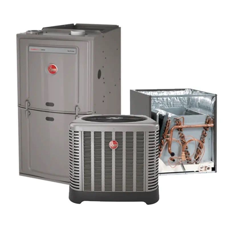 Rheem HVAC system with outdoor condenser unit and indoor air handler for efficient cooling.