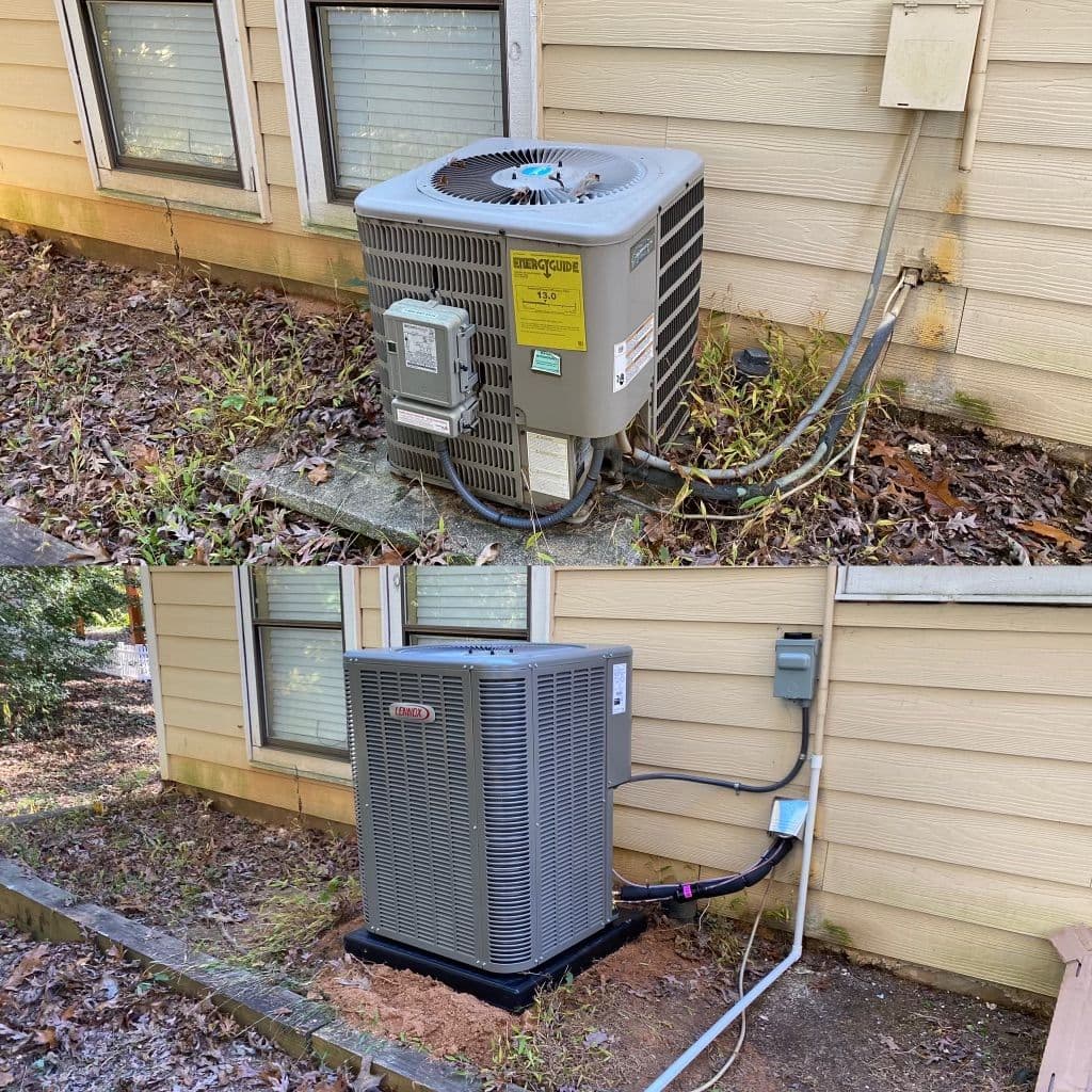 Before and after comparison of outdoor AC unit installation, showcasing upgrade and surrounding area.