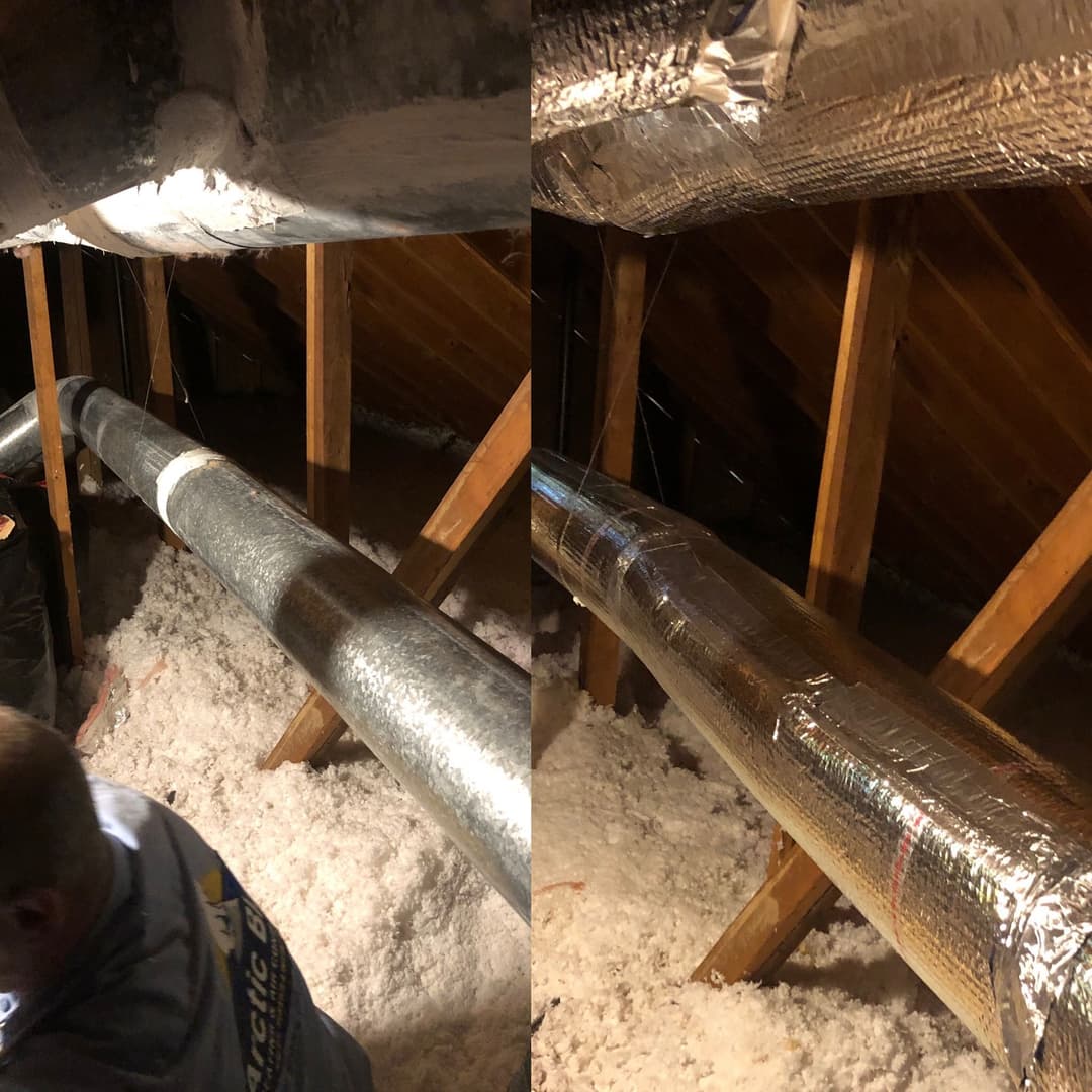 Ductwork installation in attic with insulation, before and after comparison.