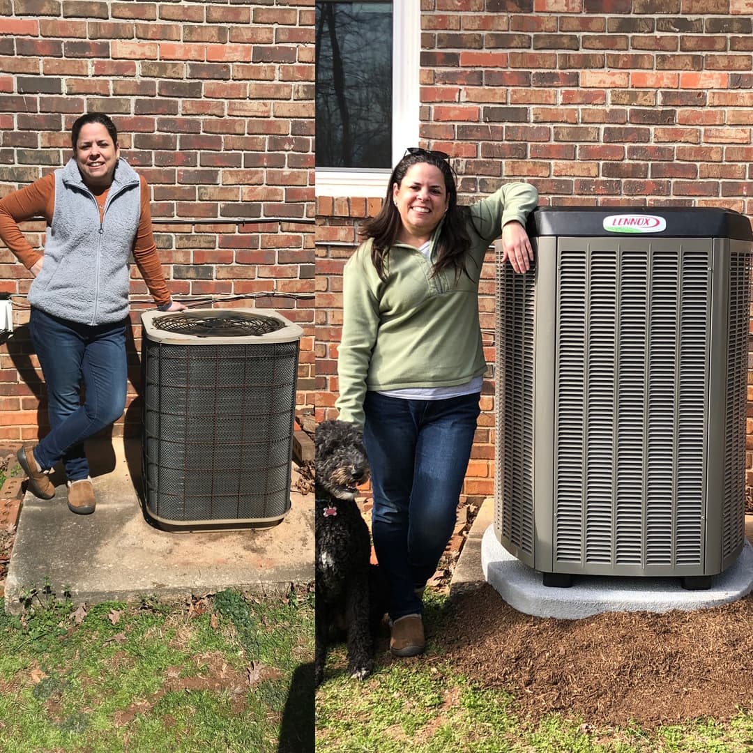 Woman beside an old and a new energy-efficient air conditioning unit, outdoors with a dog.