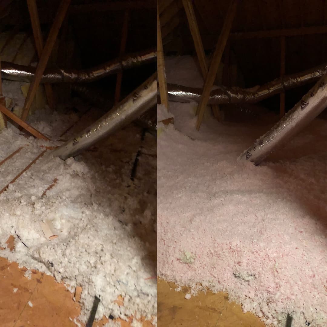 Attic insulation before and after installation, showing upgraded materials and improved coverage.