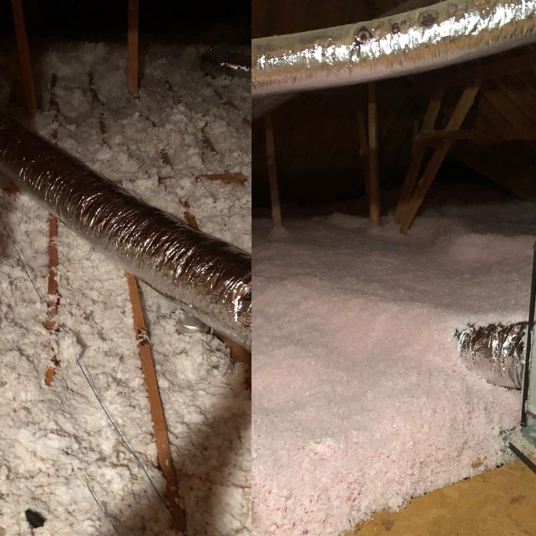 Comparison of two attic insulation types: white and pink fiberglass insulation with ducts.