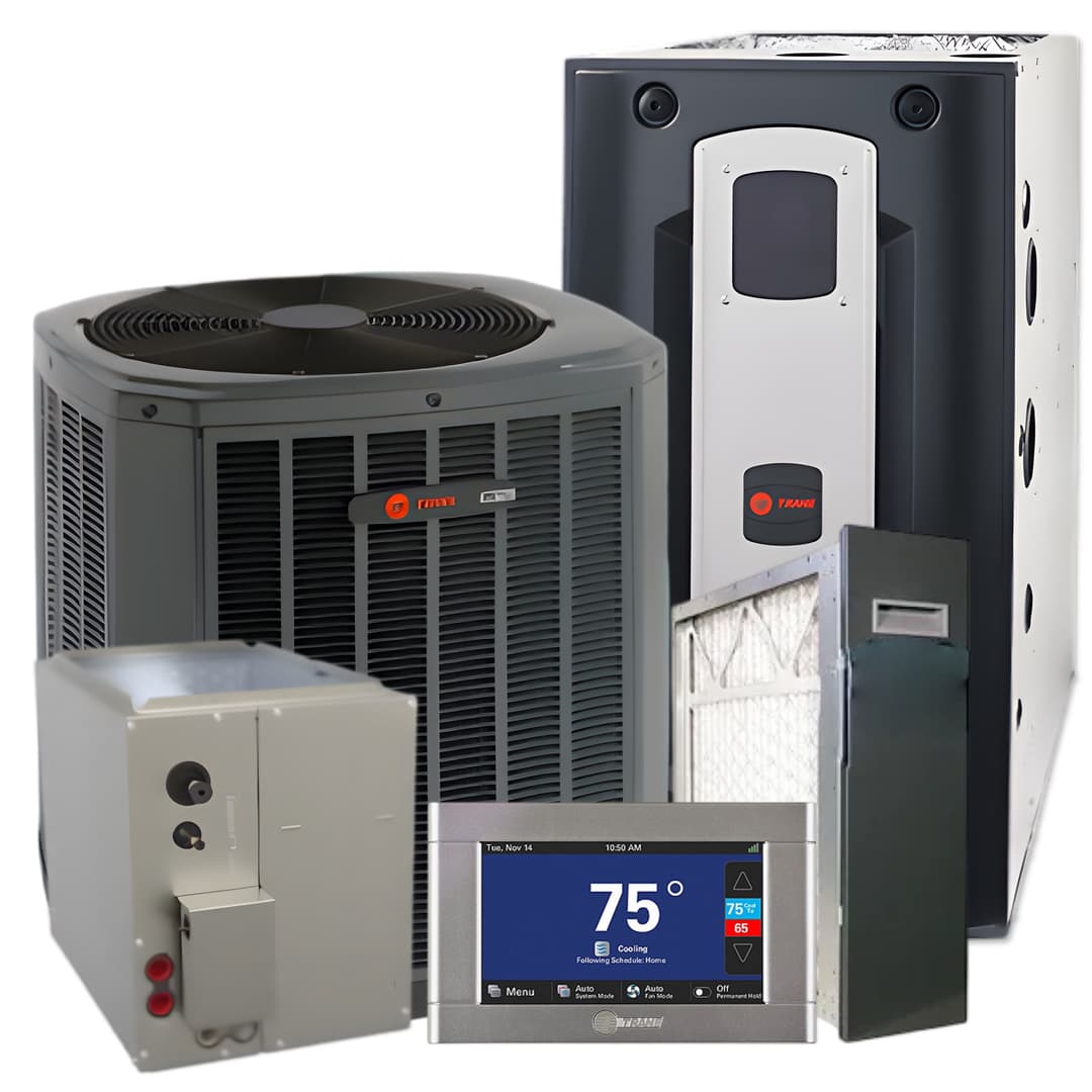 Trane's 18 seer XV18 truComfort system components including air conditioner, thermostat, and air filter.