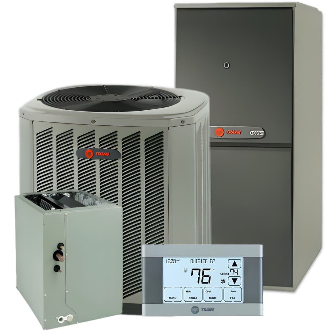 Trane's 14 seer2  XR14 system with outdoor unit, indoor unit, and programmable thermostat.
