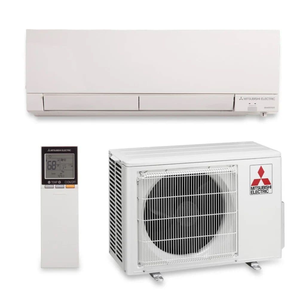 Mitsubishi Electric wall-mounted air conditioner with remote control and outdoor unit.