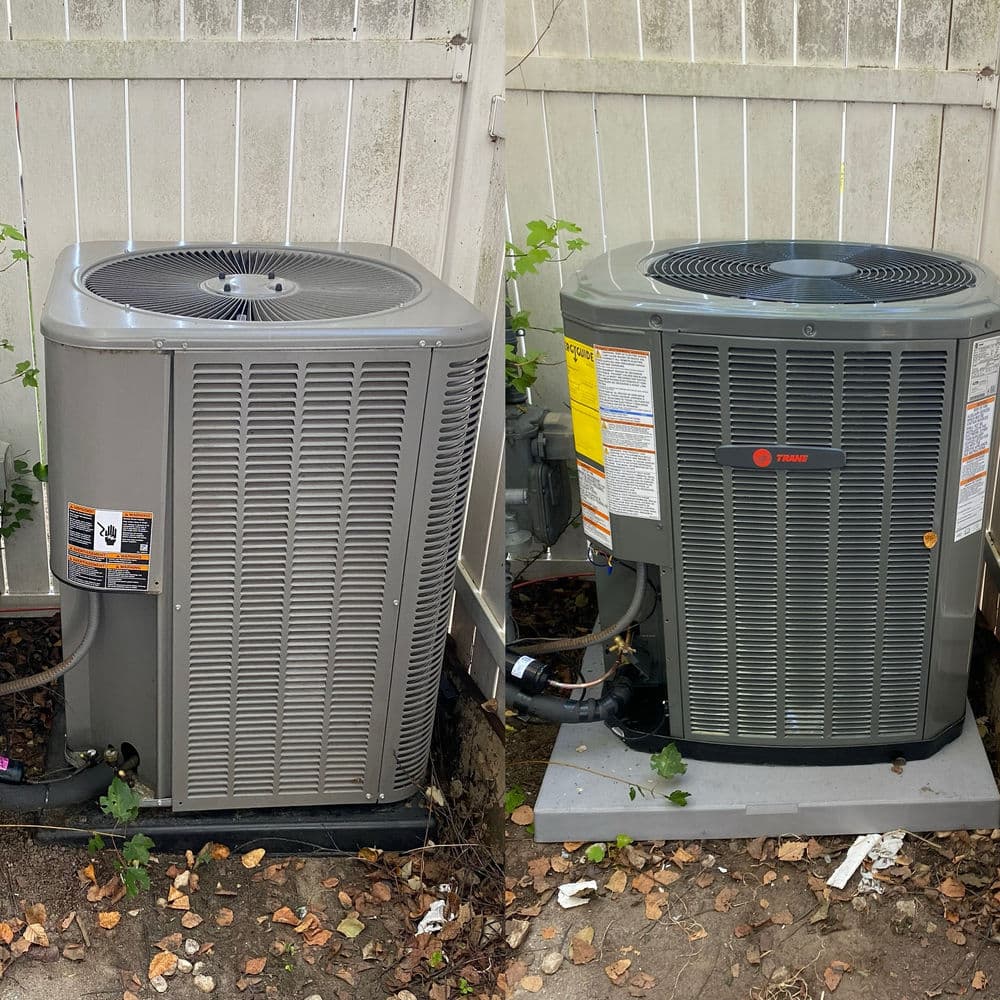 Side-by-side comparison of two outdoor air conditioning units near a fence.