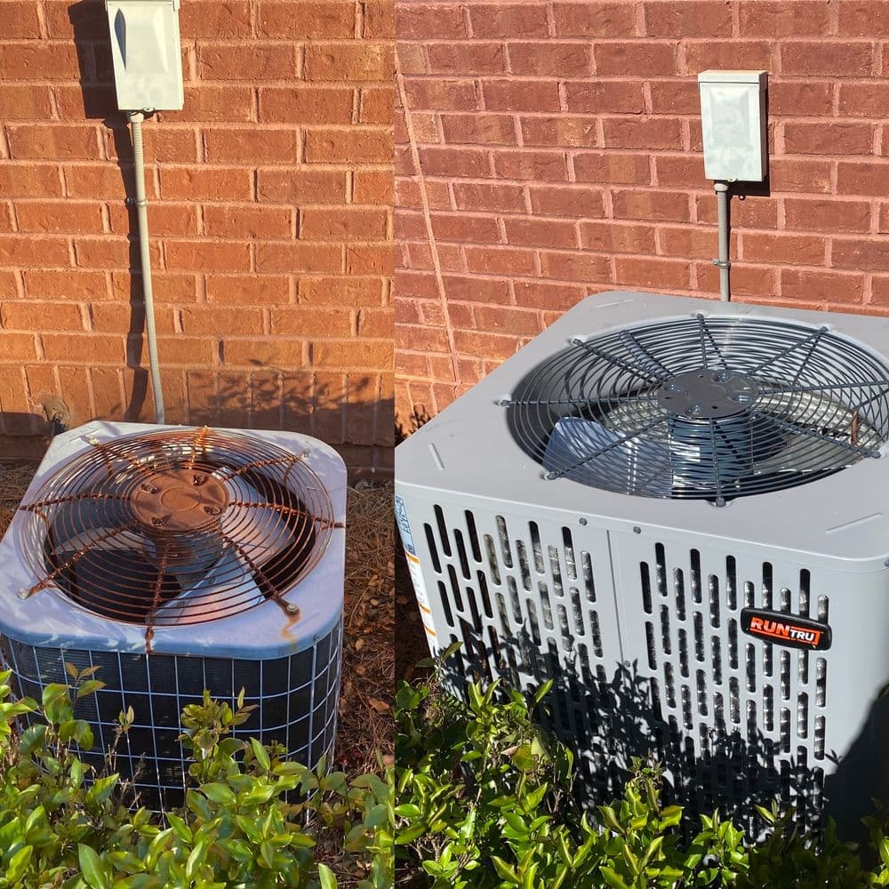 Side-by-side comparison of old and new air conditioning units against a brick wall.