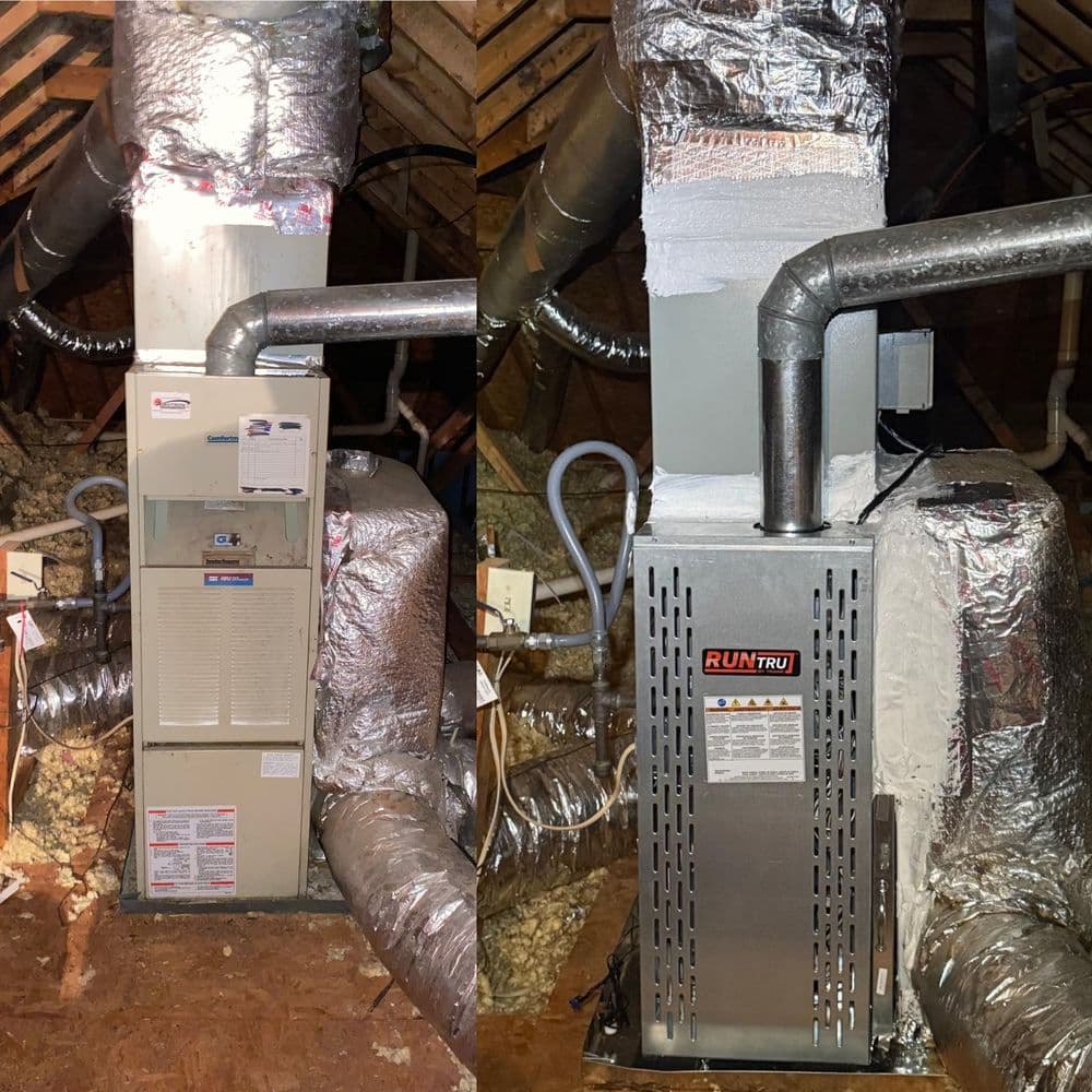Before and after images of an attic HVAC system installation with insulation and ducts visible.