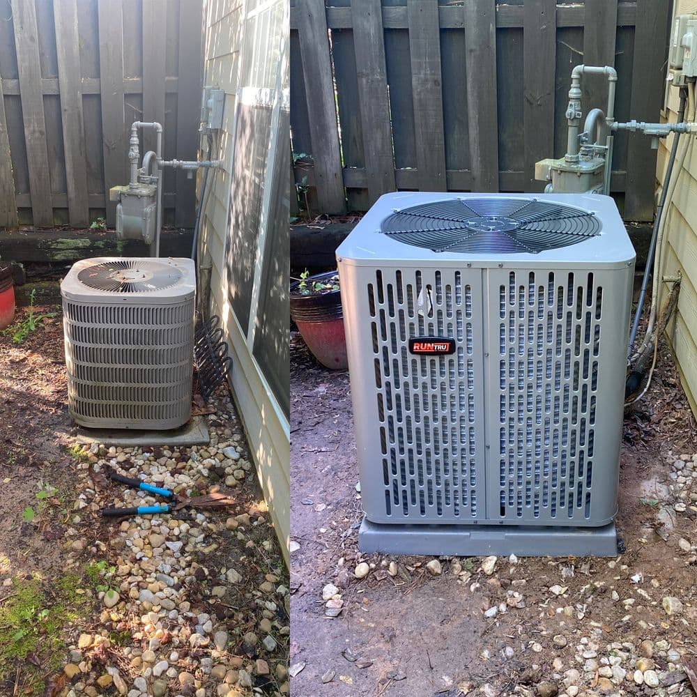 Before and after comparison of air conditioning units in a backyard setting.