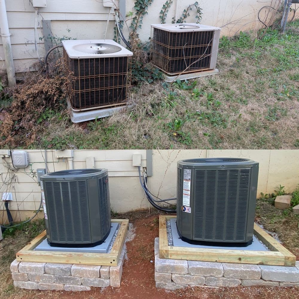 Before and after: upgraded air conditioning units with improved landscaping.