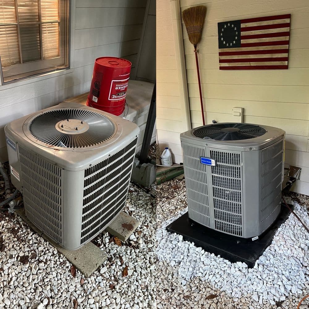 Air conditioning units outside a house, showcasing different installation setups and surroundings.