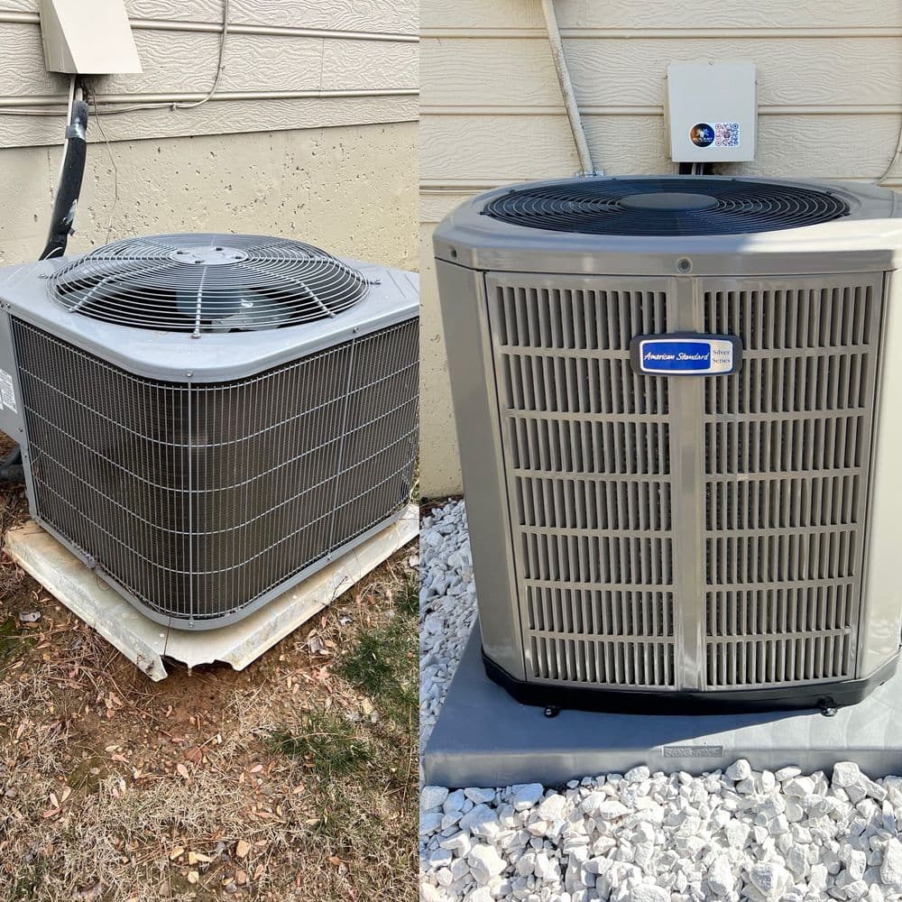 Comparison of old and new air conditioning units outside a home.