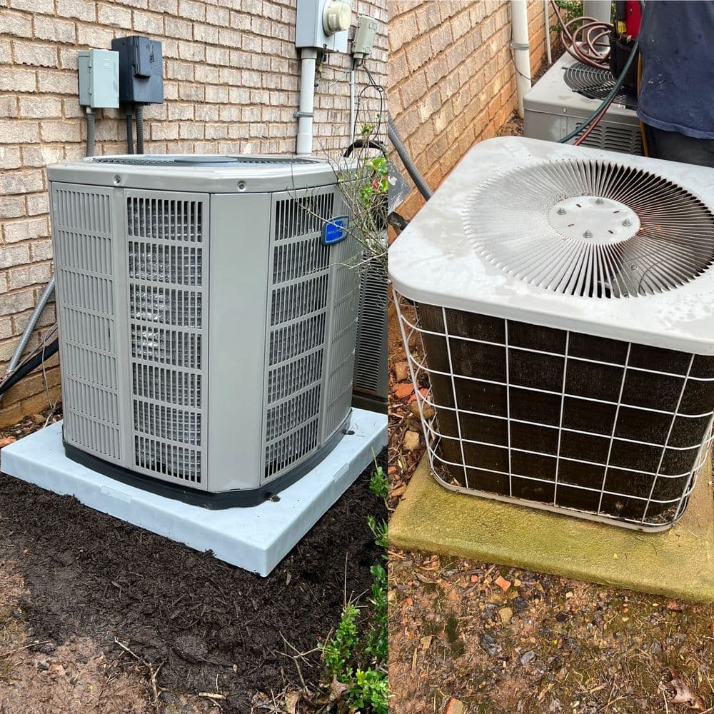 Air conditioning units installed outside a home, showcasing maintenance equipment and surrounding area.