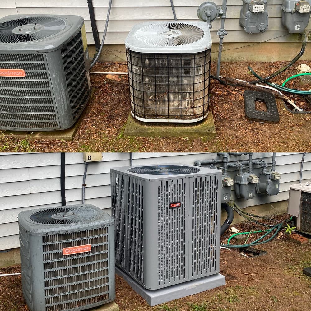 Before and after images of air conditioning unit restoration, showcasing improved appearance and condition.
