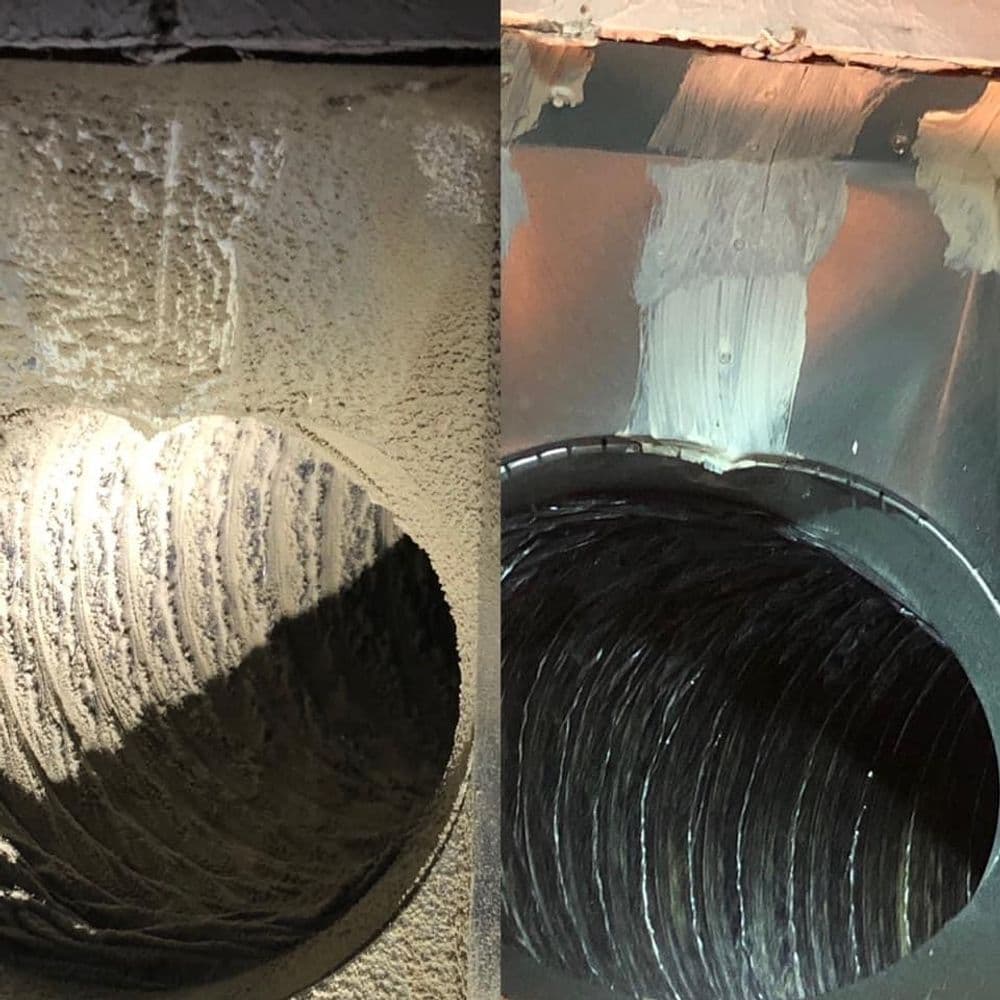 Before and after duct cleaning showing grime removal and improved airflow efficiency.